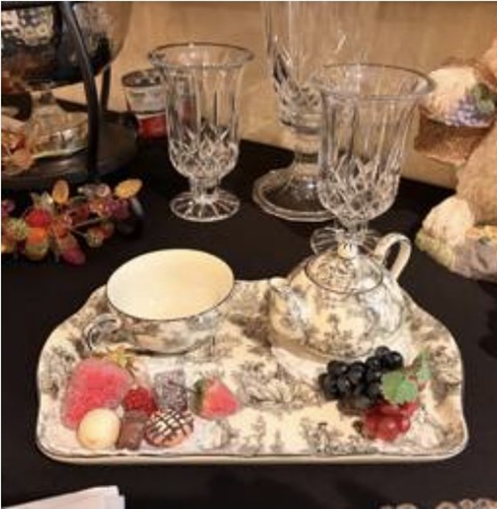Crystal goblets and a toile tea tray